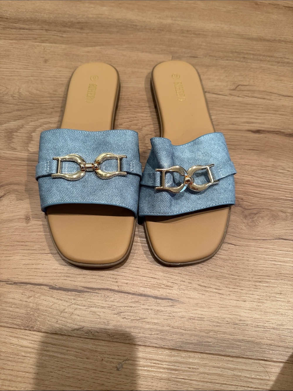 Women’s Light Blue Slip-On Sandals with Gold Accent